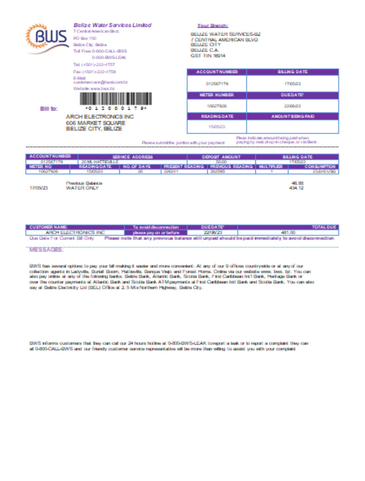 Belize Water Services Limited  business utility bill - Butility.net