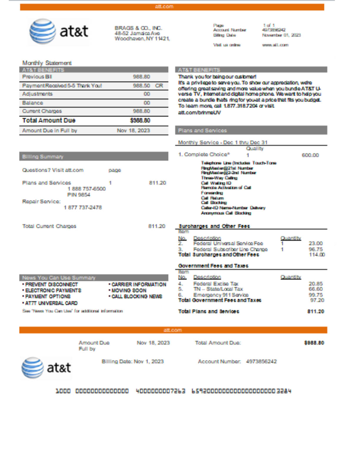 Texas AT&T telecommunications business utility bill - Butility.net
