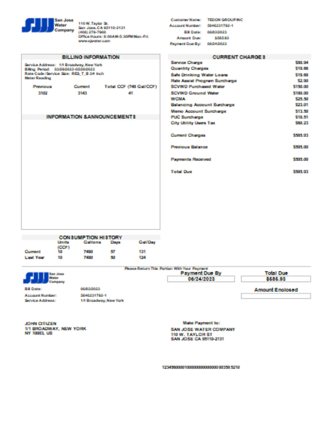 San Jose water business utility bill - Butility.net